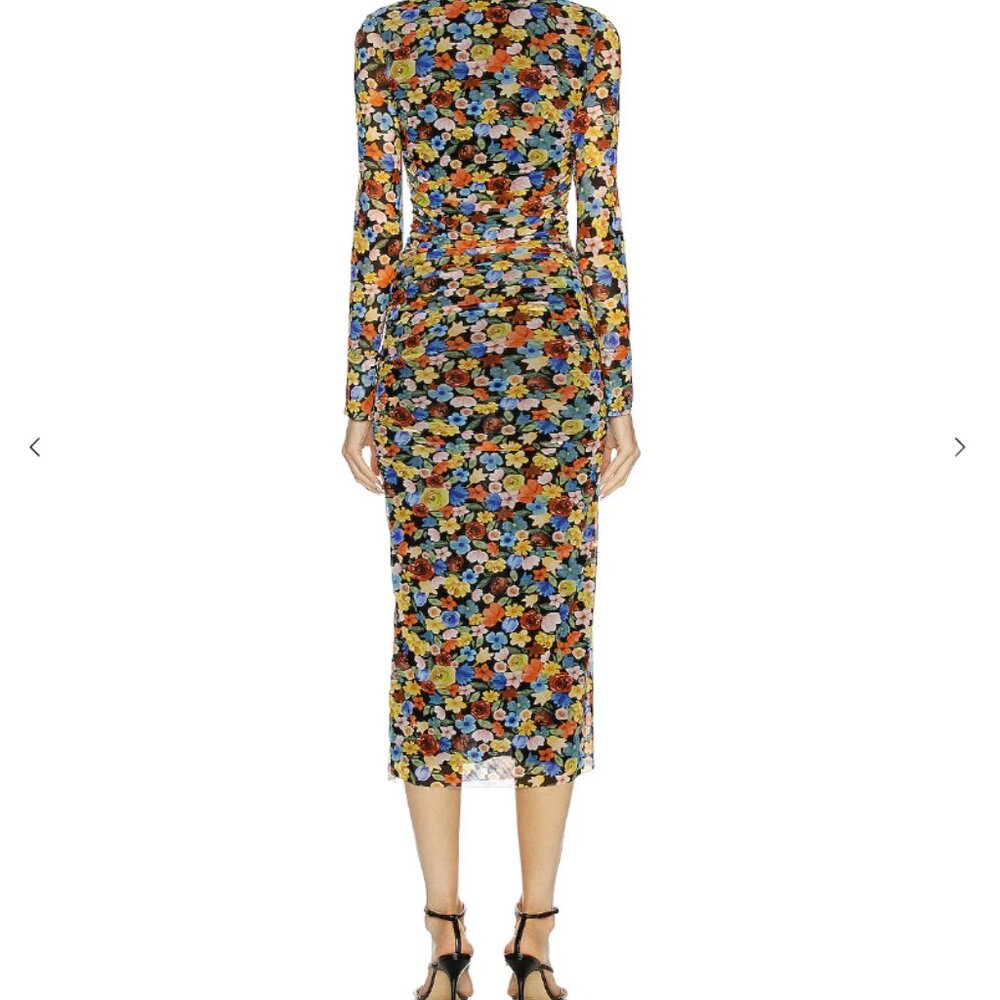 GANNI Colorful Floral SquareNeck Long Sleeve Ruched Stretch Mesh Midi Dress Sz L - Picture 4 of 15